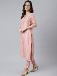 Thumbnail for Janasya Women's Baby Pink Poly Silk Solid Kurta With Pant And Dupatta - Distacart