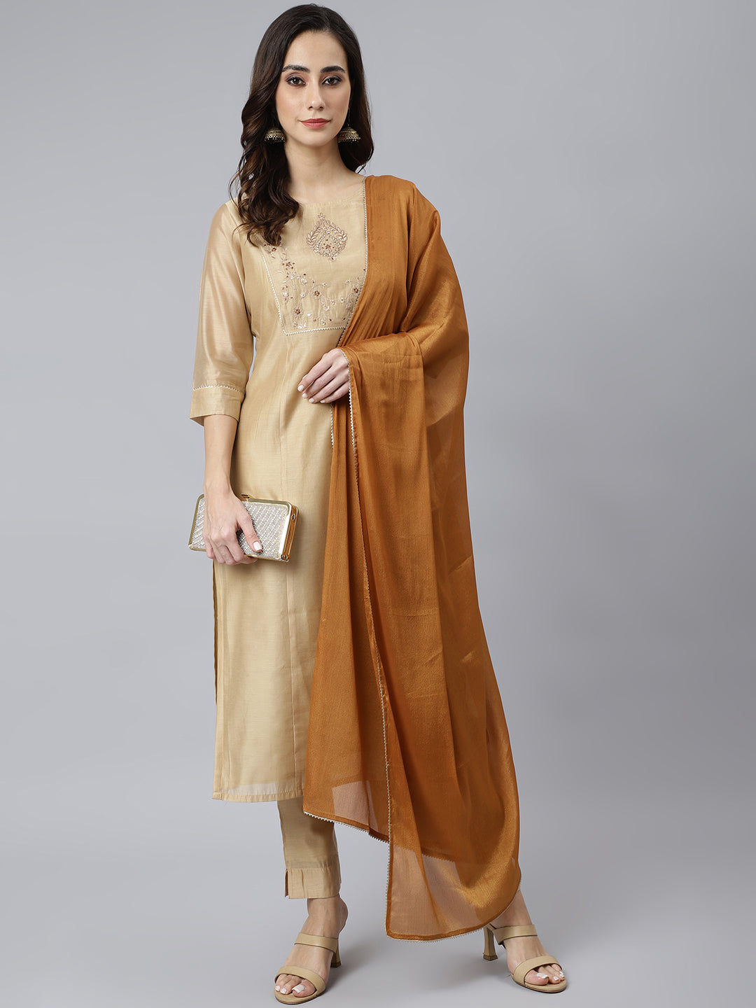 Janasya Women's Beige Chanderi Silk Solid Kurta With Pant And Dupatta - Distacart