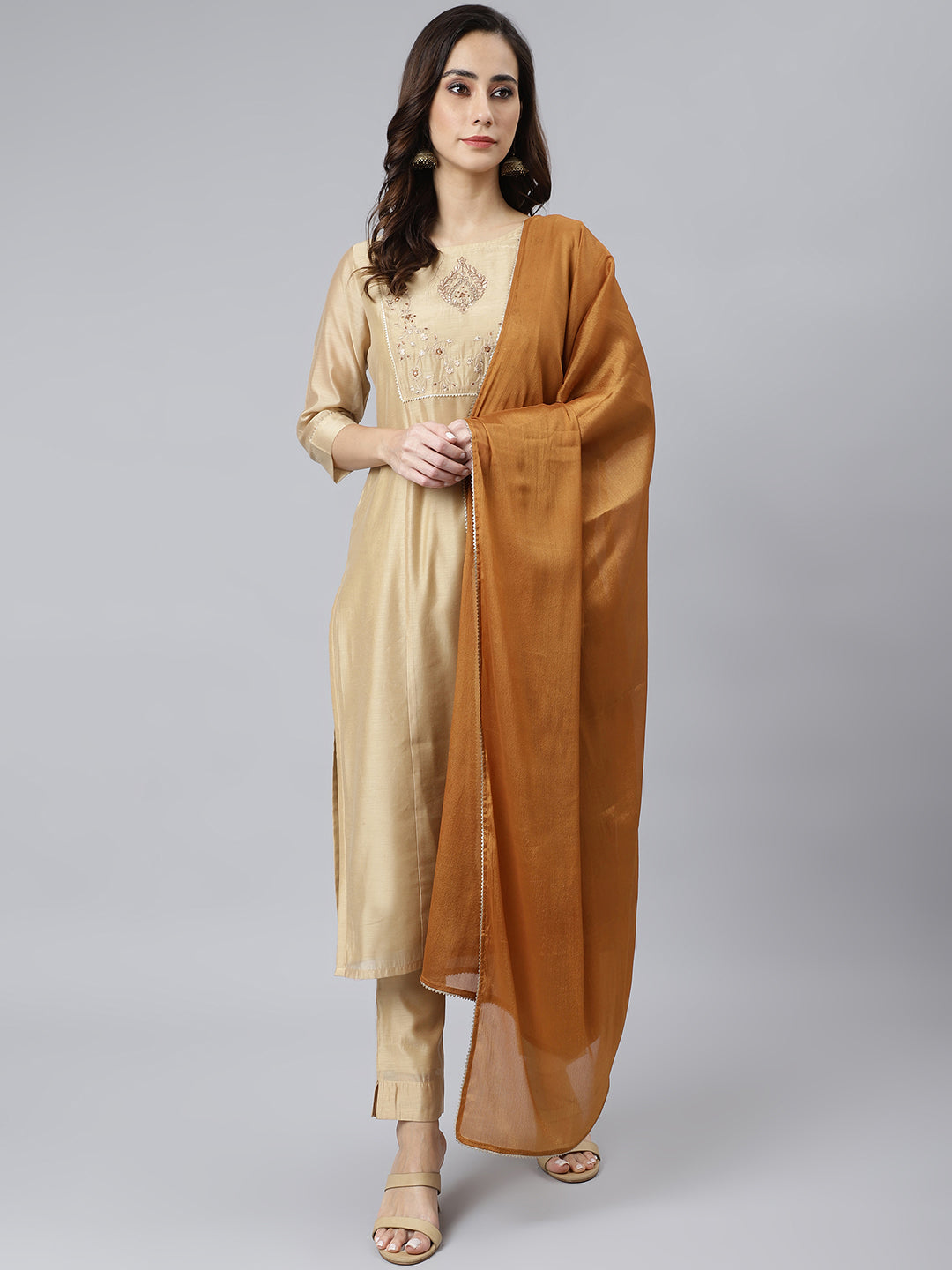 Janasya Women's Beige Chanderi Silk Solid Kurta With Pant And Dupatta - Distacart