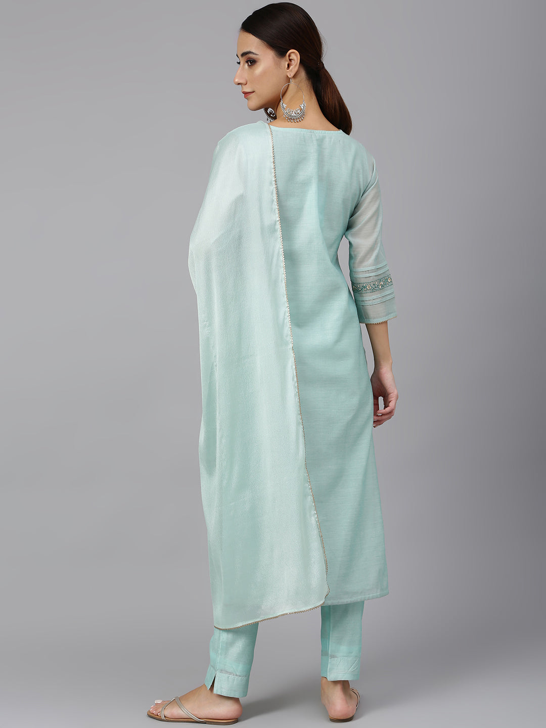 Janasya Women's Sea Blue Chanderi Silk Solid Kurta With Pant And Dupatta - Distacart