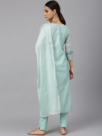 Thumbnail for Janasya Women's Sea Blue Chanderi Silk Solid Kurta With Pant And Dupatta - Distacart