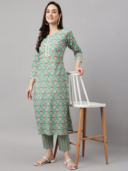 Janasya Women's Mint Green Cotton Floral Printed Straight Casual Kurta Set - Distacart