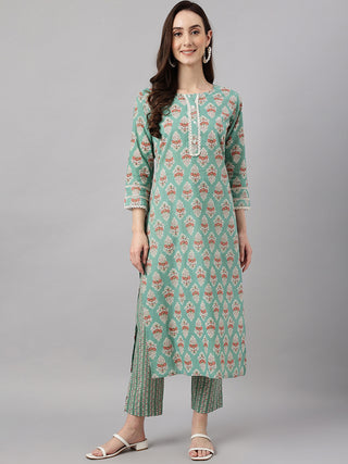 Janasya Women's Mint Green Cotton Floral Printed Straight Casual Kurta Set - Distacart