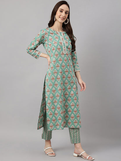 Janasya Women's Mint Green Cotton Floral Printed Straight Casual Kurta Set - Distacart