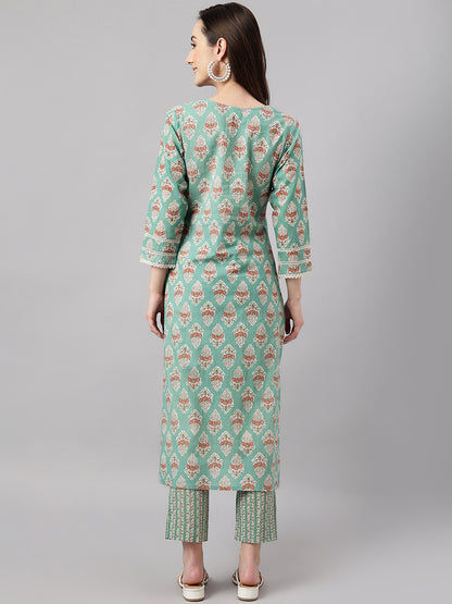 Janasya Women's Mint Green Cotton Floral Printed Straight Casual Kurta Set - Distacart