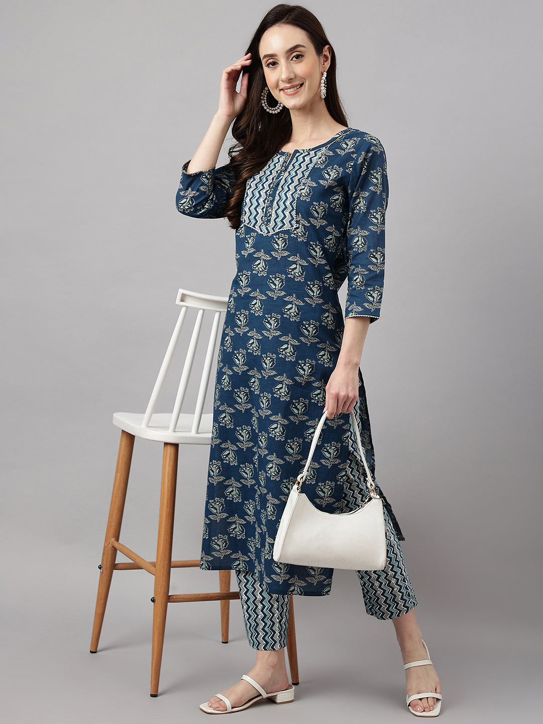 Janasya Women's Blue Cotton Floral Printed Straight Casual Kurta Set - Distacart