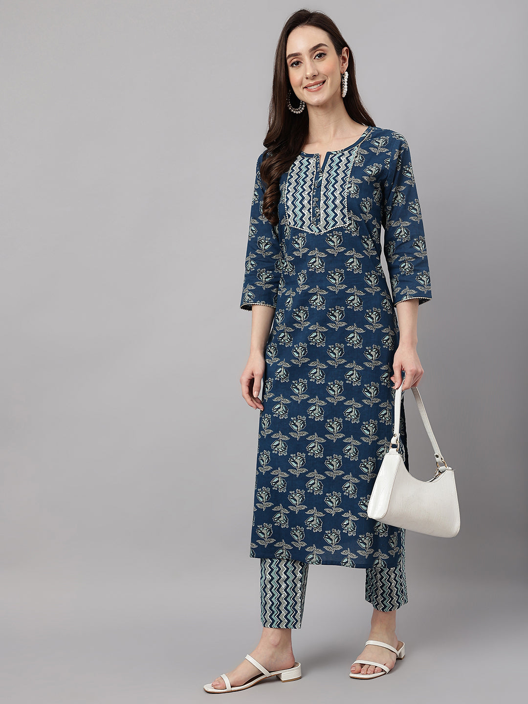 Janasya Women's Blue Cotton Floral Printed Straight Casual Kurta Set - Distacart