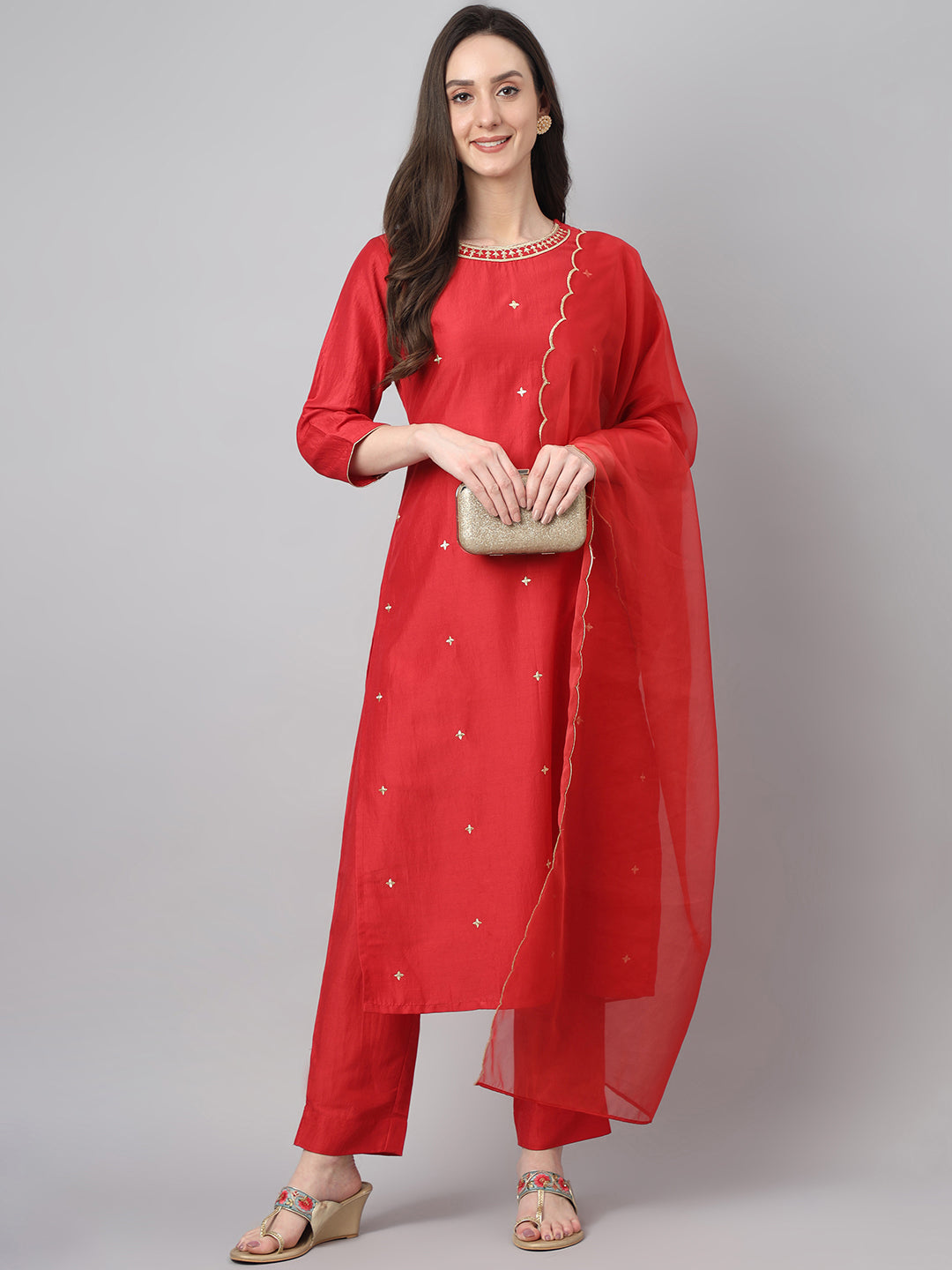 Janasya Women's Red Chinon Solid Straight Festive Kurta Set - Distacart
