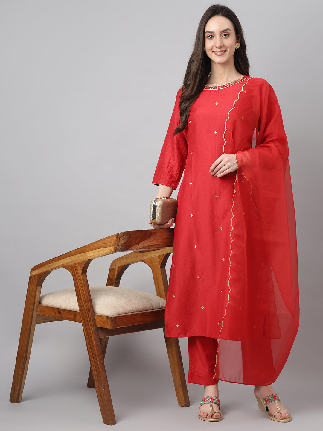 Janasya Women's Red Chinon Solid Straight Festive Kurta Set - Distacart
