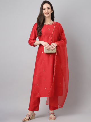 Janasya Women's Red Chinon Solid Straight Festive Kurta Set - Distacart