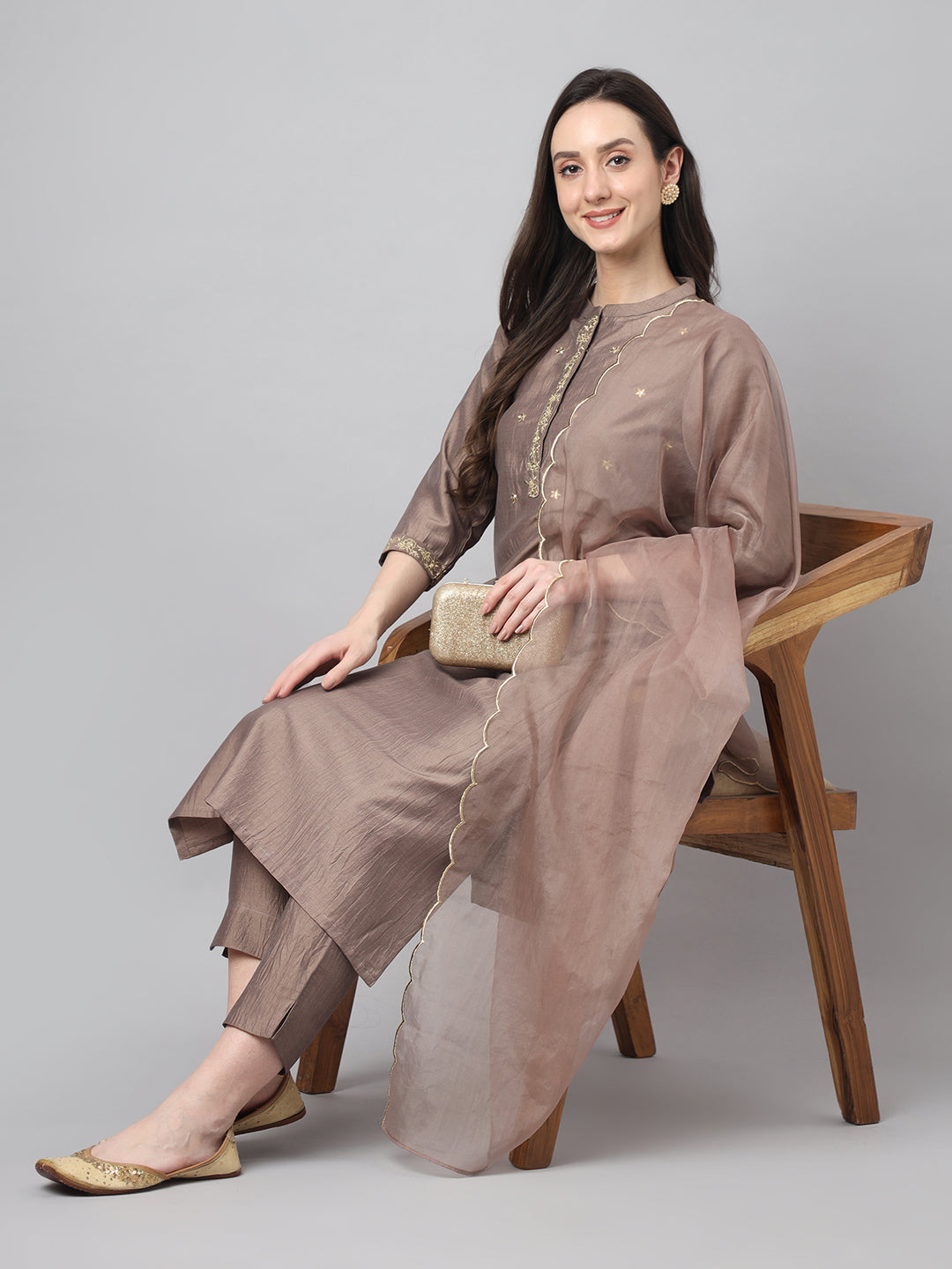 Janasya Women's Brown Chinon Solid Straight Festive Kurta Set - Distacart