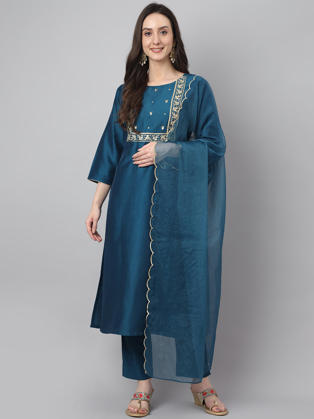 Janasya Women's Teal Chinon Solid Straight Festive Kurta Set - Distacart