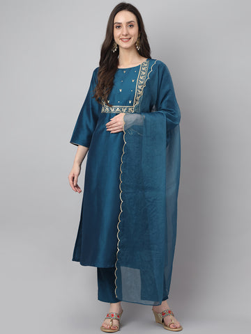 Janasya Women's Teal Chinon Solid Straight Festive Kurta Set - Distacart