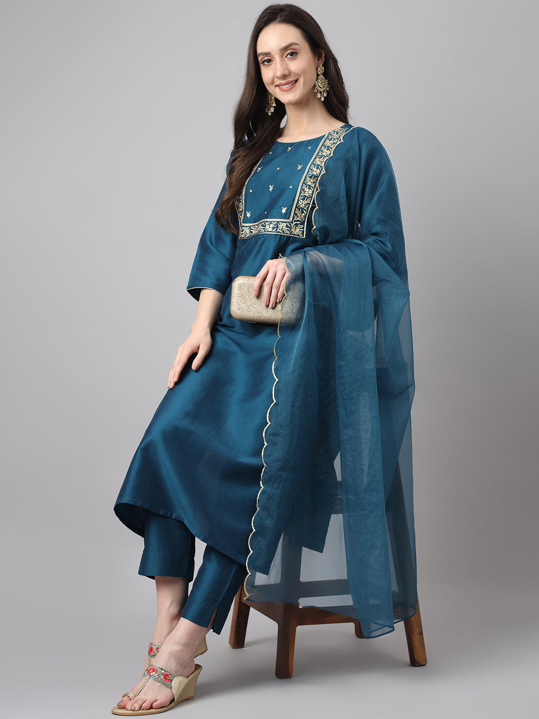 Janasya Women's Teal Chinon Solid Straight Festive Kurta Set - Distacart