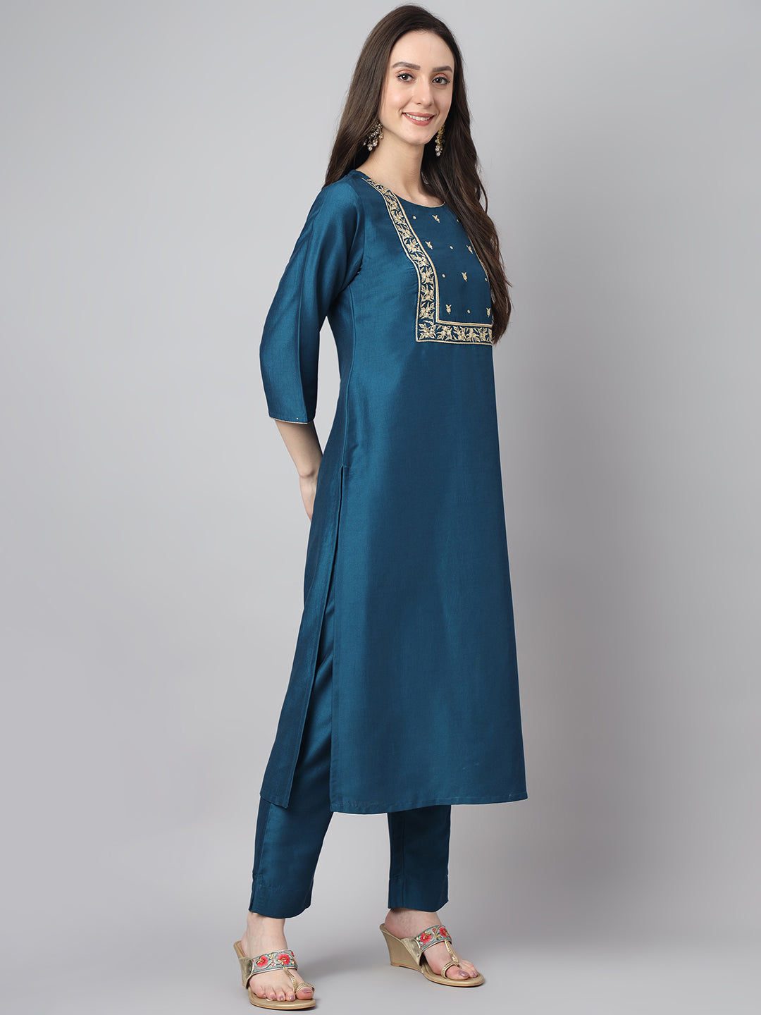 Janasya Women's Teal Chinon Solid Straight Festive Kurta Set - Distacart