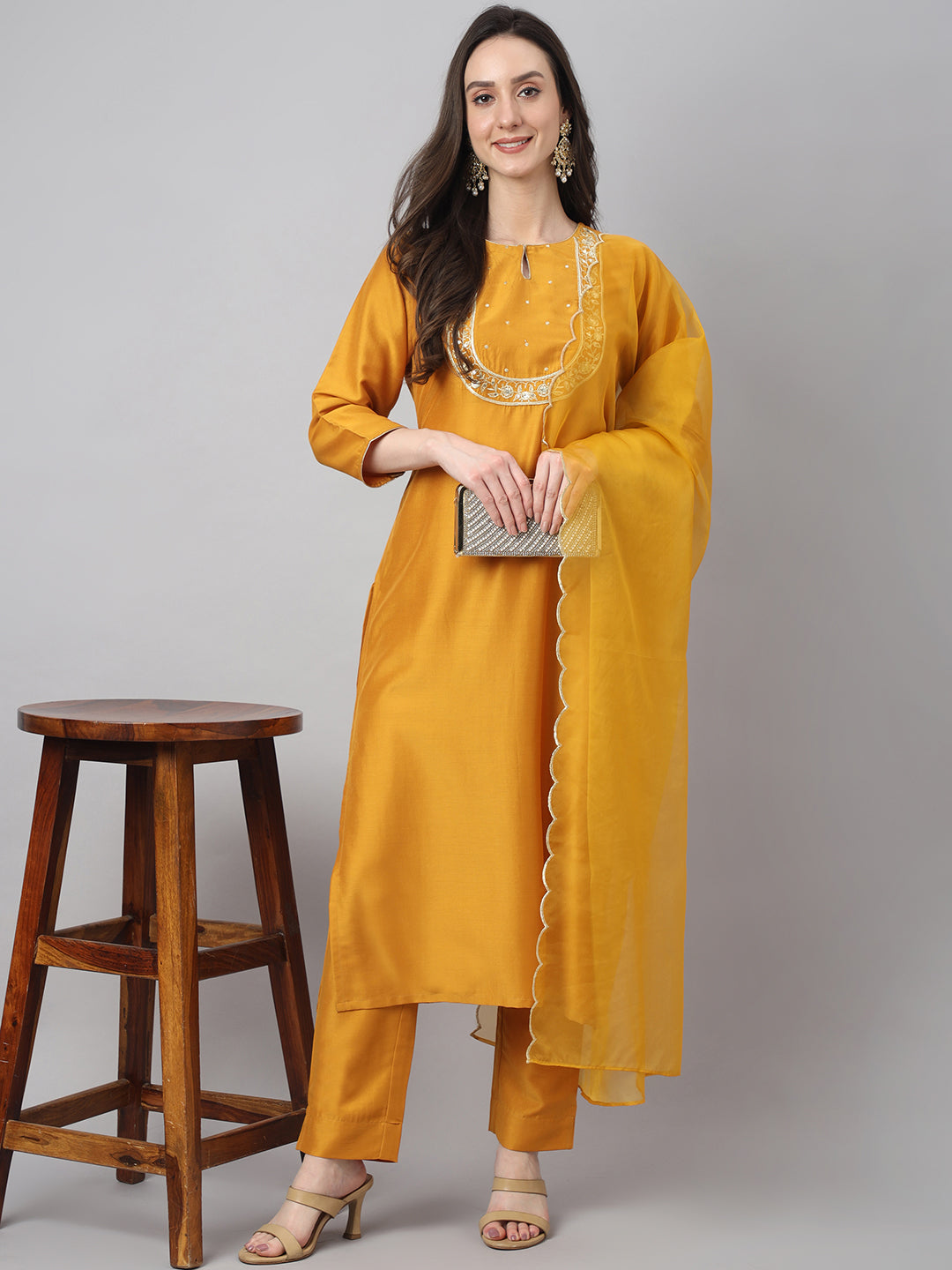 Janasya Women's Mustard Chinon Solid Straight Festive Kurta Set - Distacart