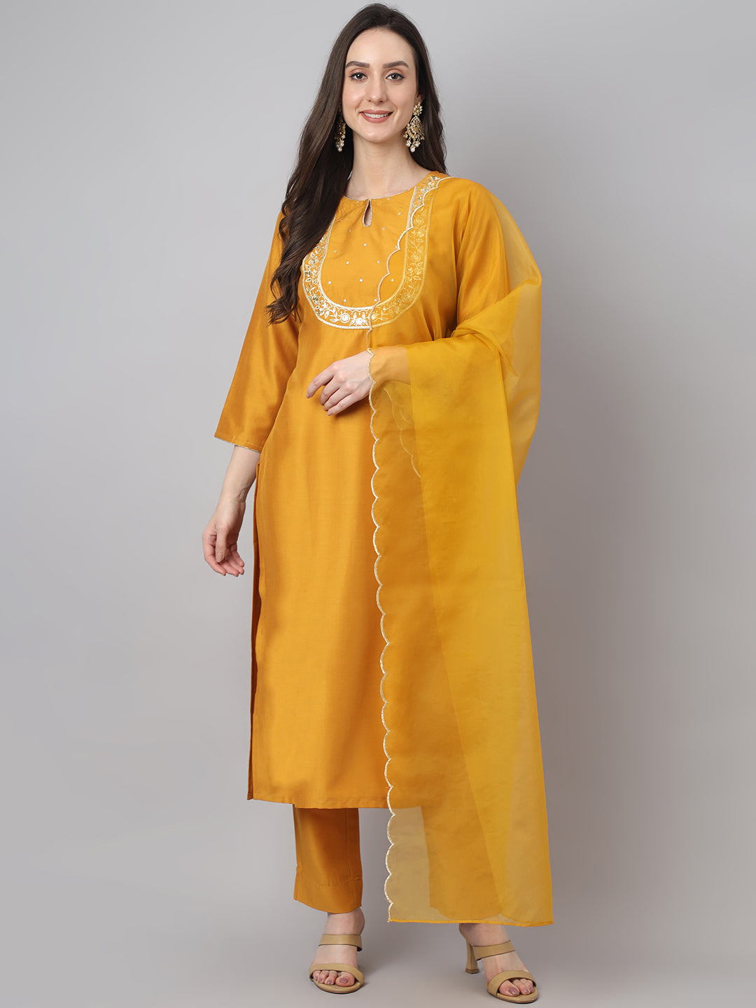 Janasya Women's Mustard Chinon Solid Straight Festive Kurta Set - Distacart