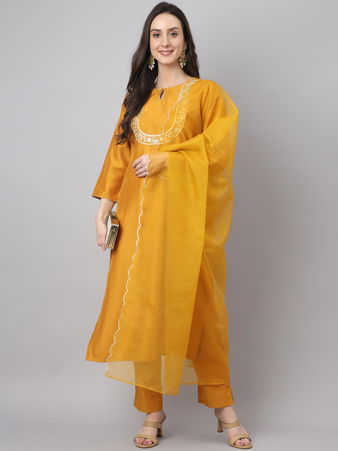 Janasya Women's Mustard Chinon Solid Straight Festive Kurta Set - Distacart