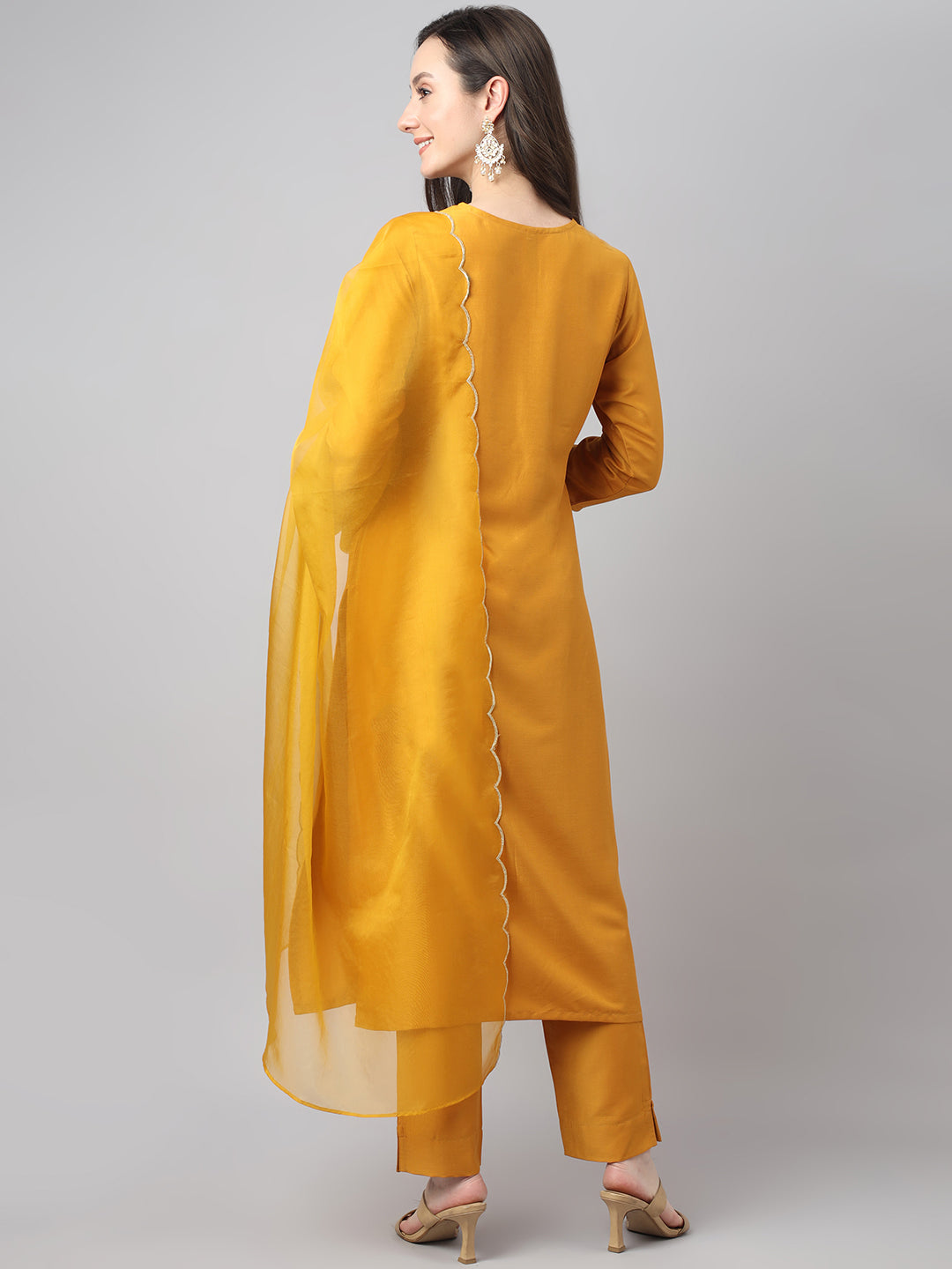 Janasya Women's Mustard Chinon Solid Straight Festive Kurta Set - Distacart