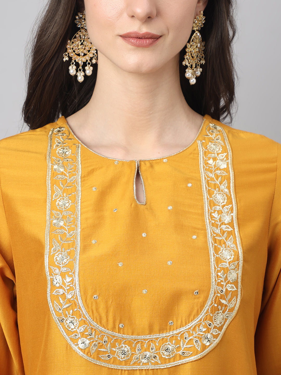 Janasya Women's Mustard Chinon Solid Straight Festive Kurta Set - Distacart