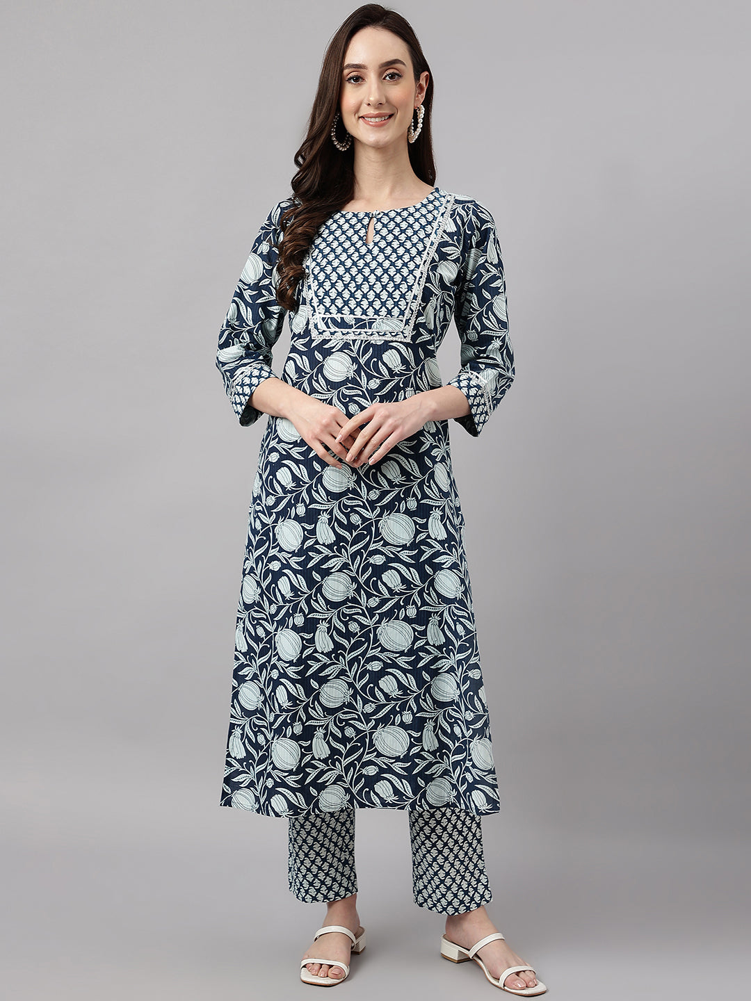 Janasya Women's Navy Blue Cotton Botanical Printed Straight Casual Kurta Set - Distacart