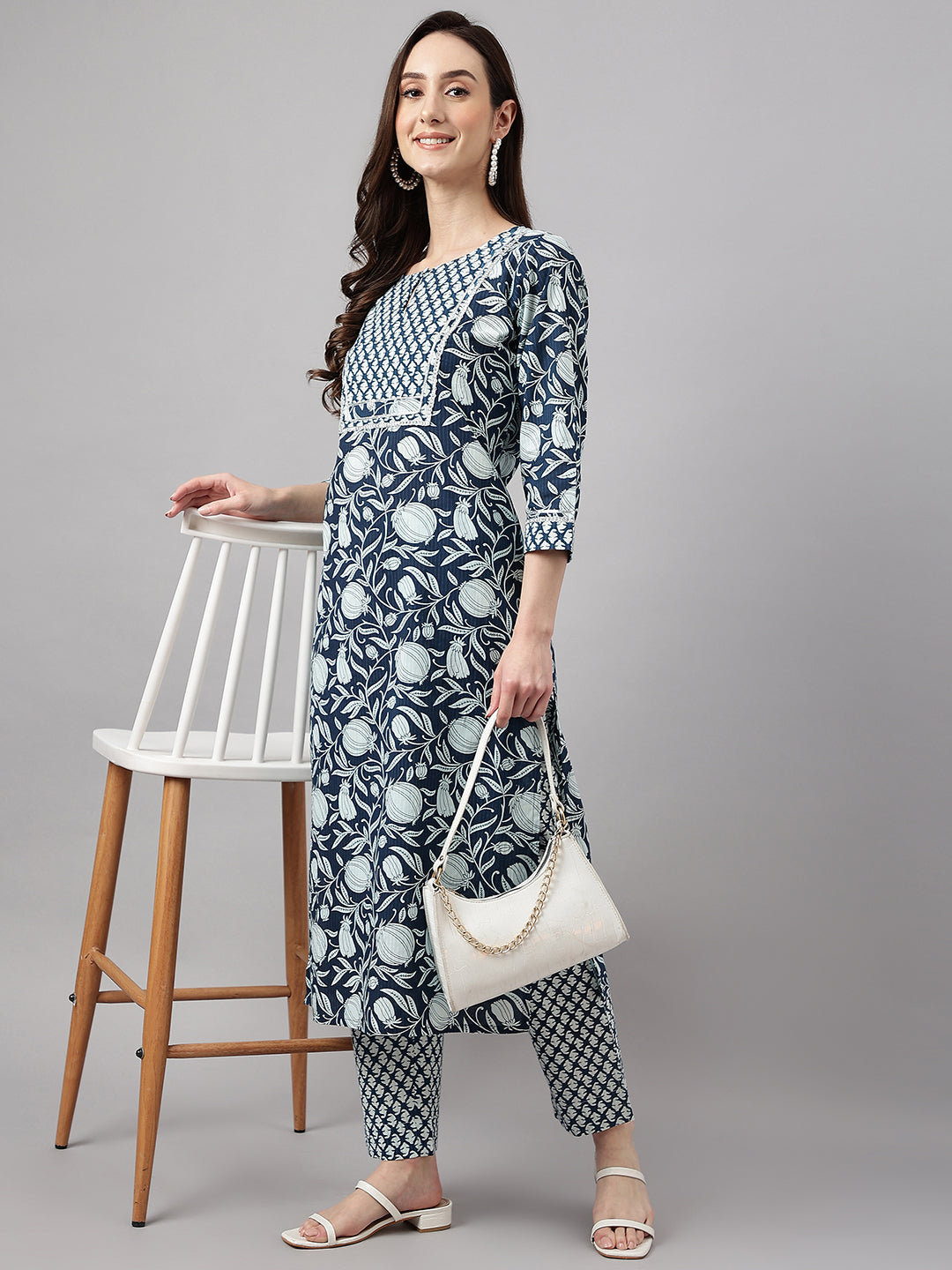 Janasya Women's Navy Blue Cotton Botanical Printed Straight Casual Kurta Set - Distacart