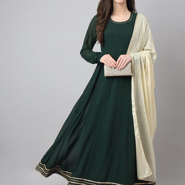Janasya Women's Bottle Green Georgette Solid Anarkali Festive Kurta Set - Distacart