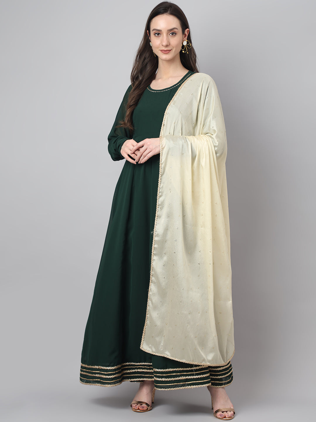 Janasya Women's Bottle Green Georgette Solid Anarkali Festive Kurta Set - Distacart