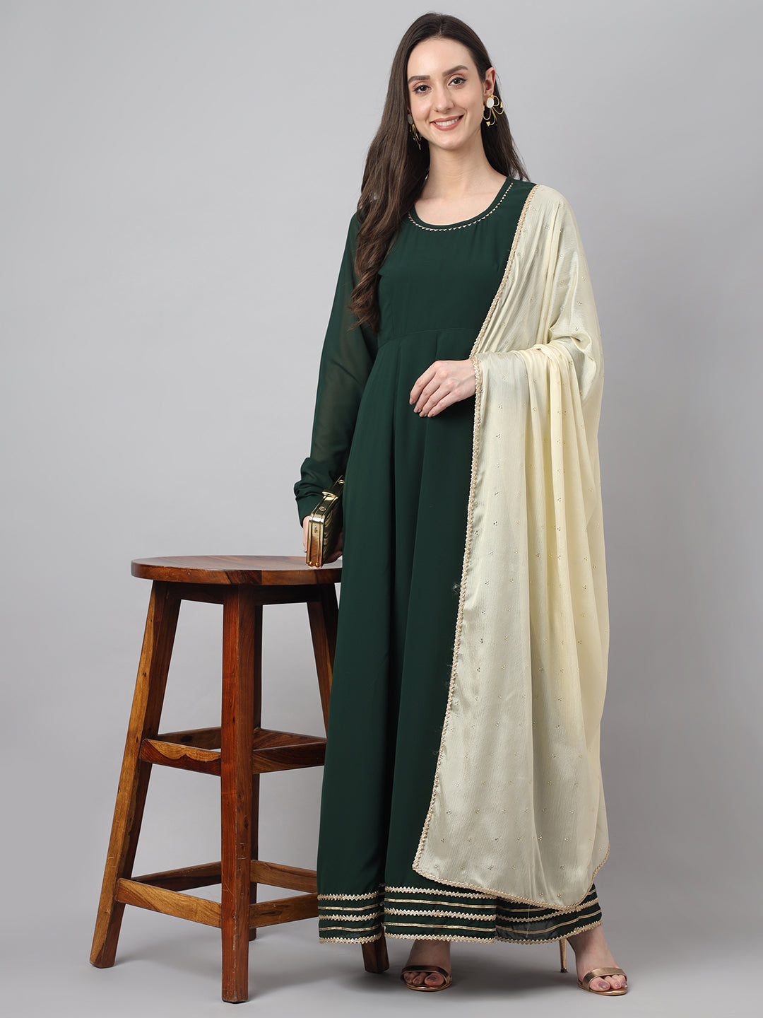 Janasya Women's Bottle Green Georgette Solid Anarkali Festive Kurta Set - Distacart