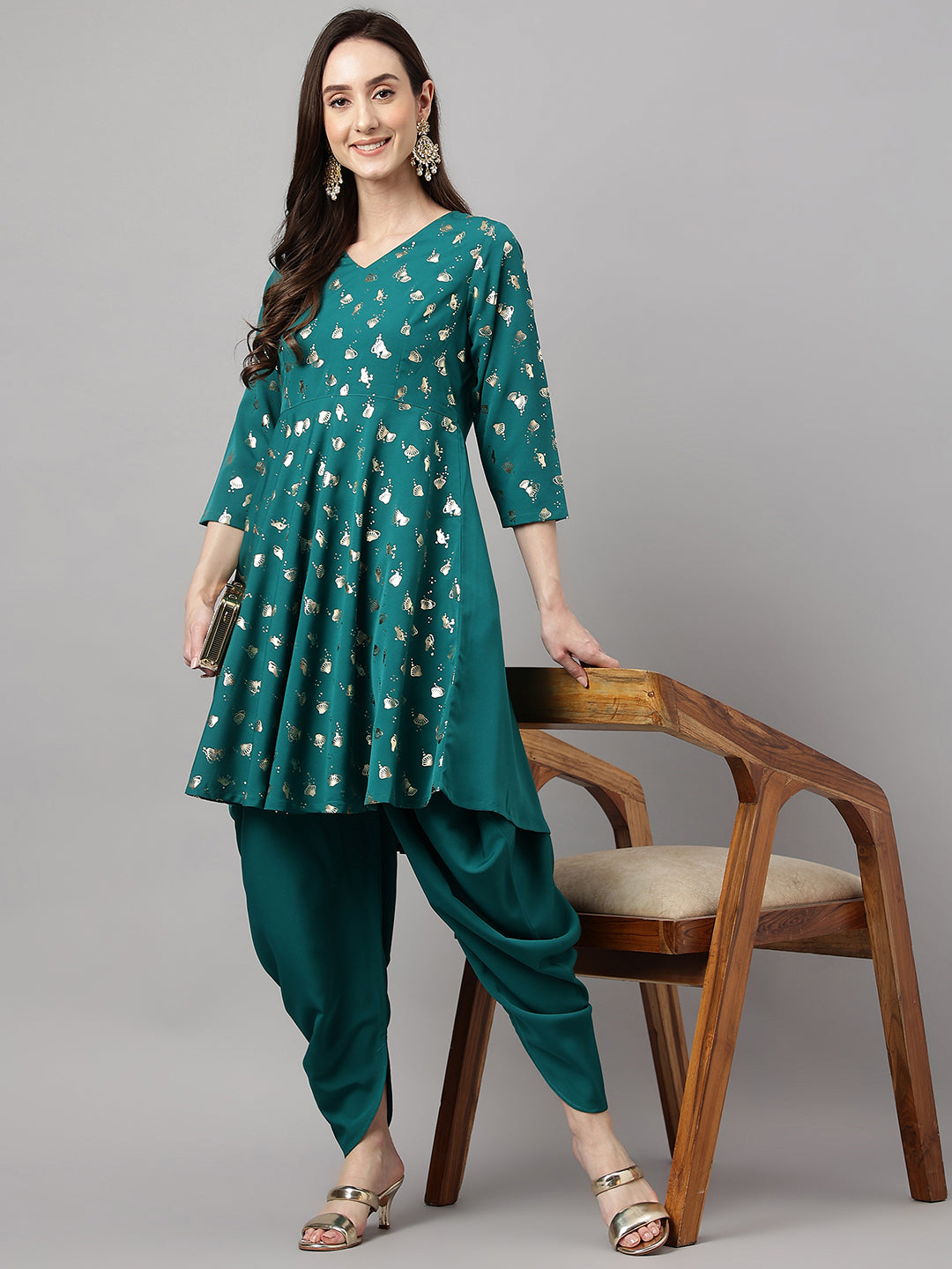 Janasya Women's Peacock Green Crepe Foil Printed Flared Party Kurta Set - Distacart