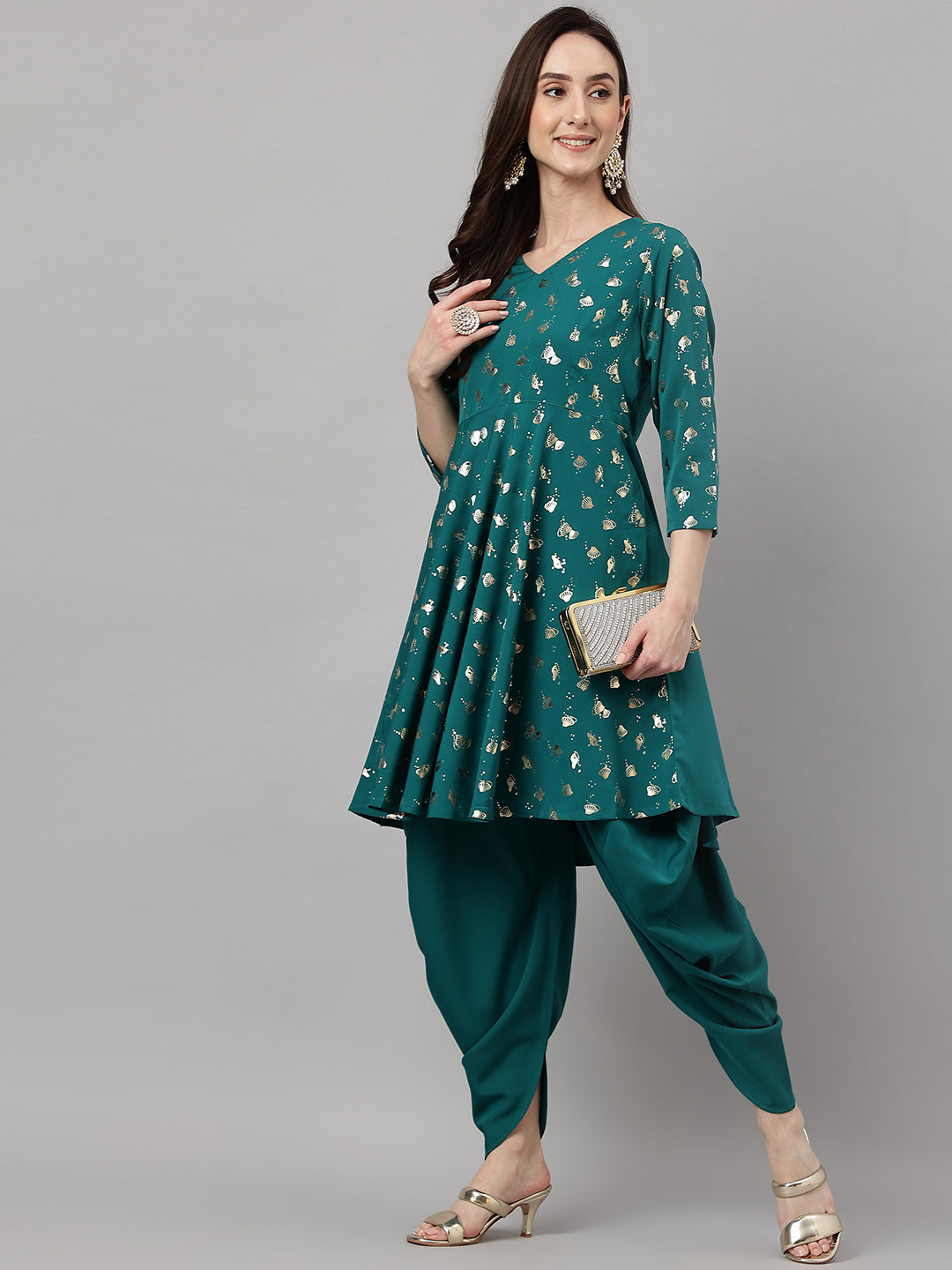 Janasya Women's Peacock Green Crepe Foil Printed Flared Party Kurta Set - Distacart