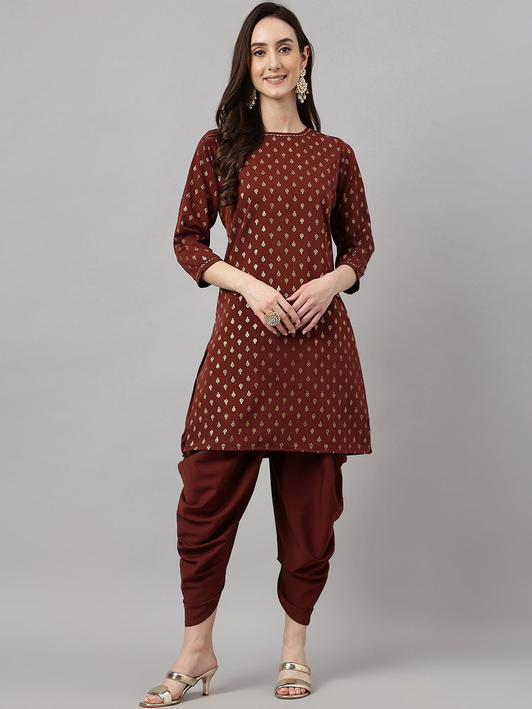 Janasya Women's Brown Crepe Foil Printed Straight Festive Kurta Set - Distacart