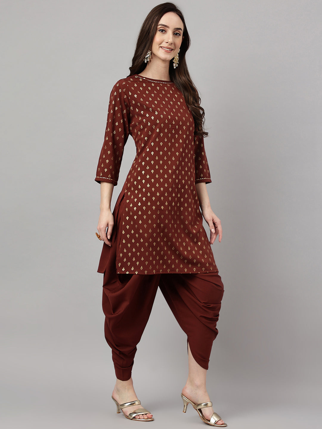 Janasya Women's Brown Crepe Foil Printed Straight Festive Kurta Set - Distacart