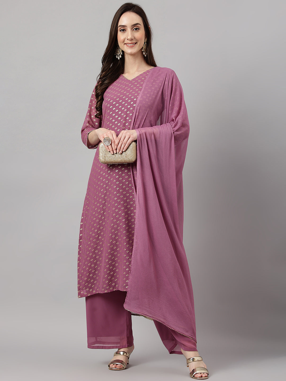 Janasya Women's Purple Georgette Foil Printed Straight Festive Kurta Set - Distacart