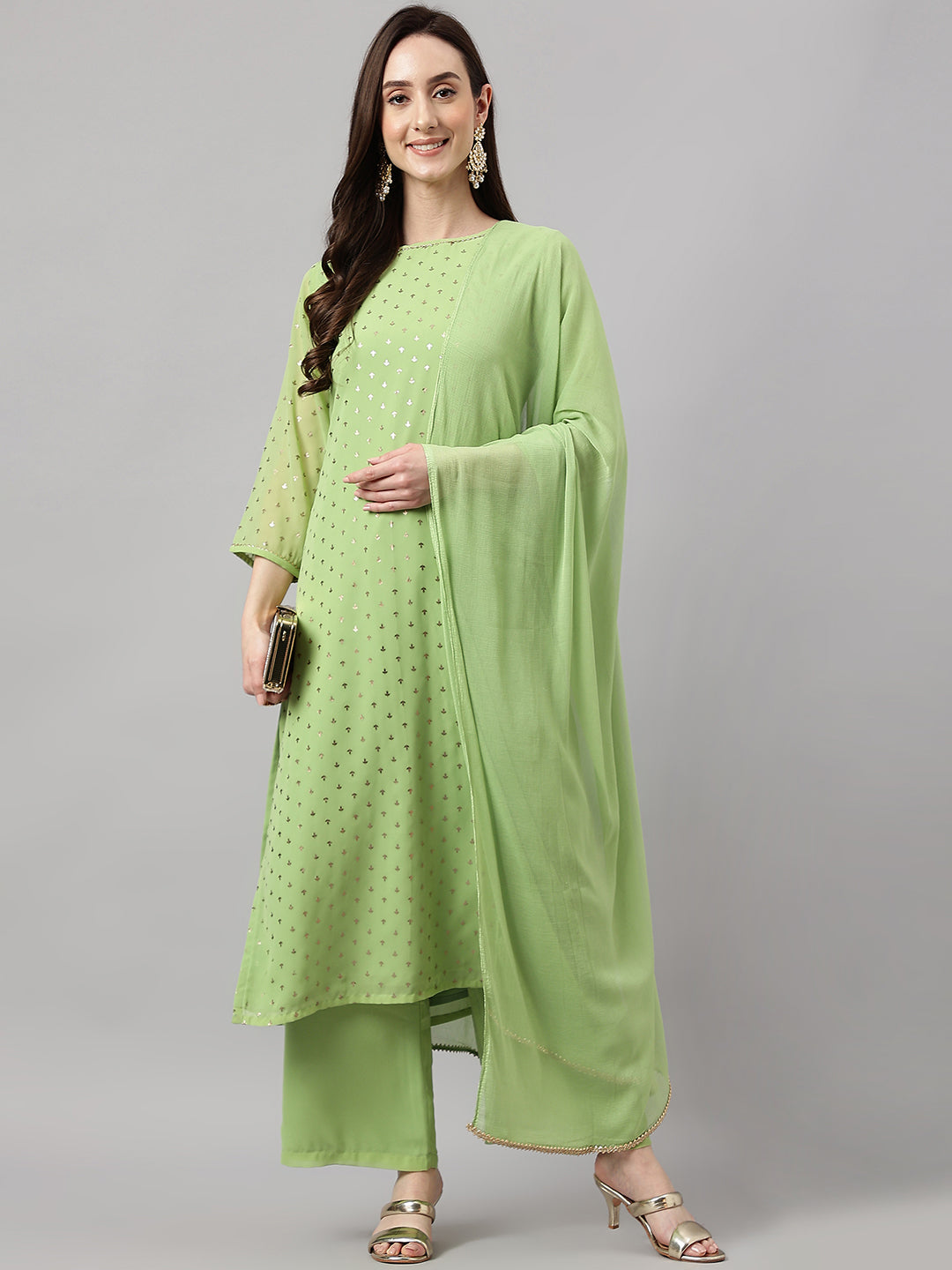 Janasya Women's Green Georgette Foil Printed Straight Festive Kurta Set - Distacart