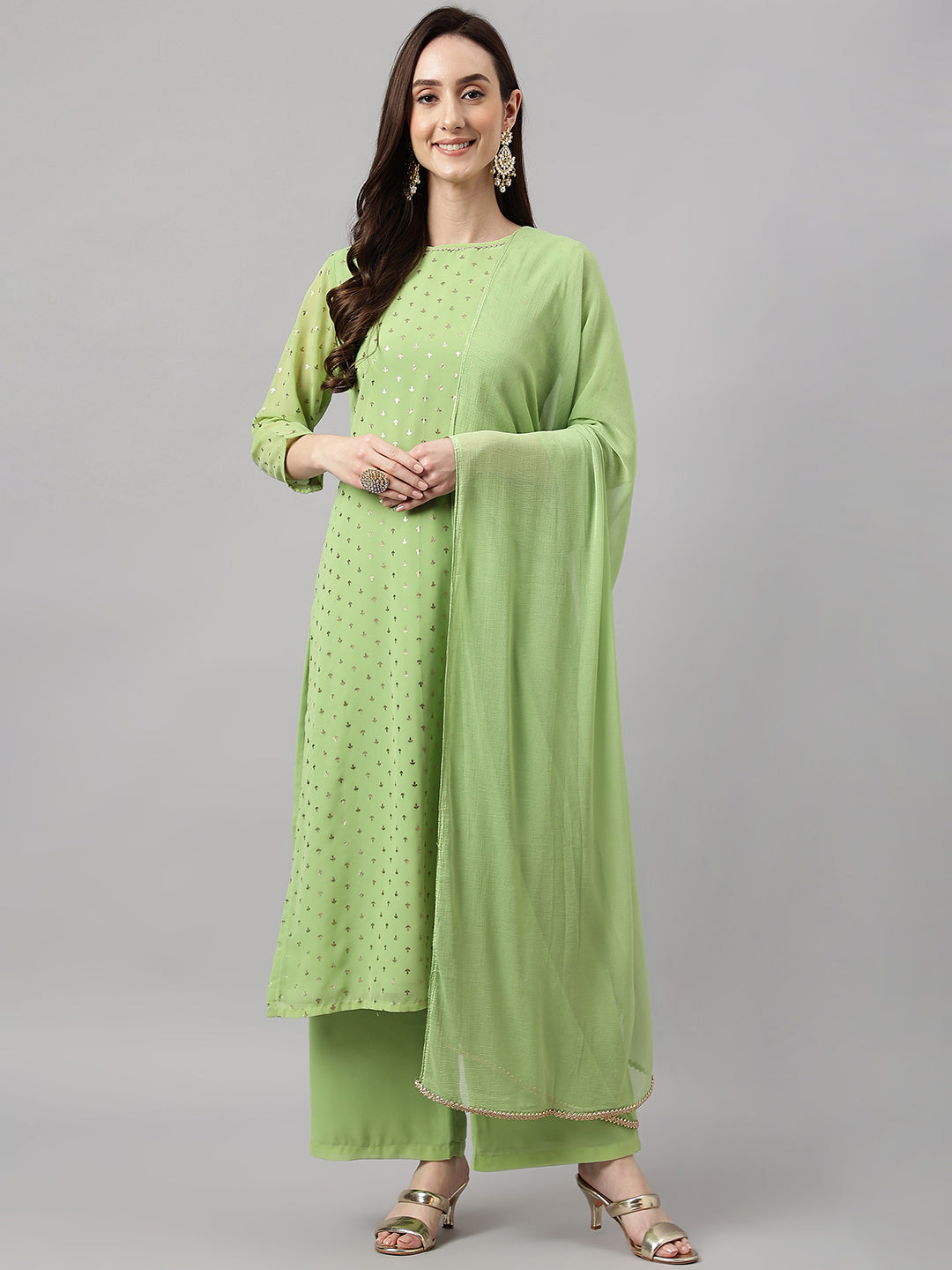 Janasya Women's Green Georgette Foil Printed Straight Festive Kurta Set - Distacart