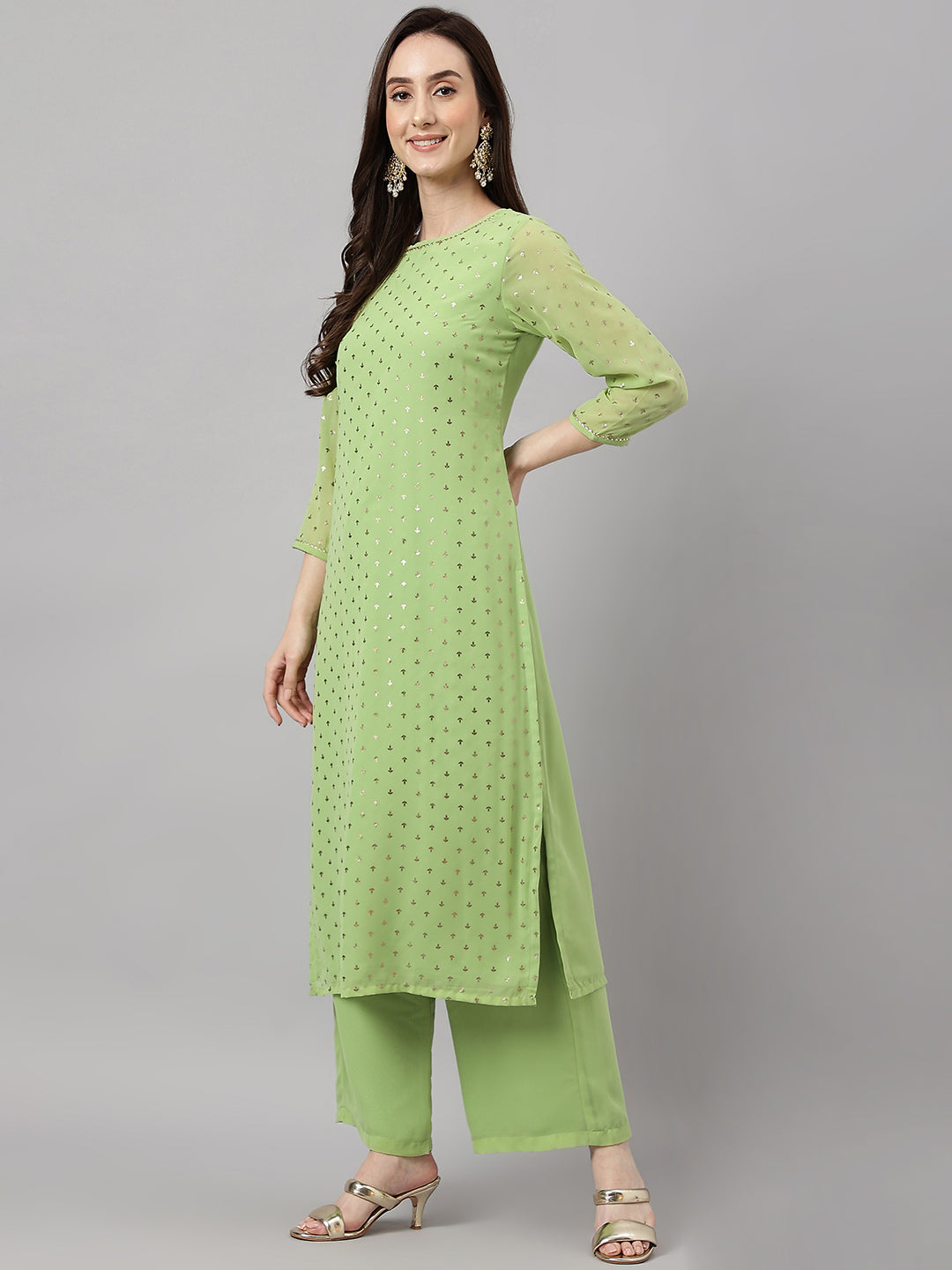 Janasya Women's Green Georgette Foil Printed Straight Festive Kurta Set - Distacart