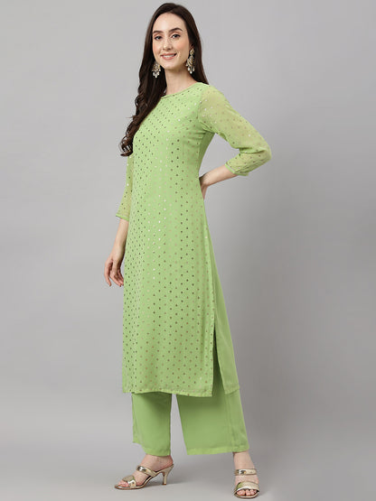 Janasya Women's Green Georgette Foil Printed Straight Festive Kurta Set - Distacart