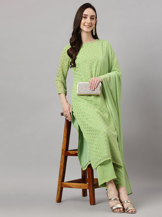 Janasya Women's Green Georgette Foil Printed Straight Festive Kurta Set - Distacart