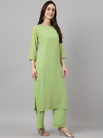 Janasya Women's Green Georgette Foil Printed Straight Festive Kurta Set - Distacart