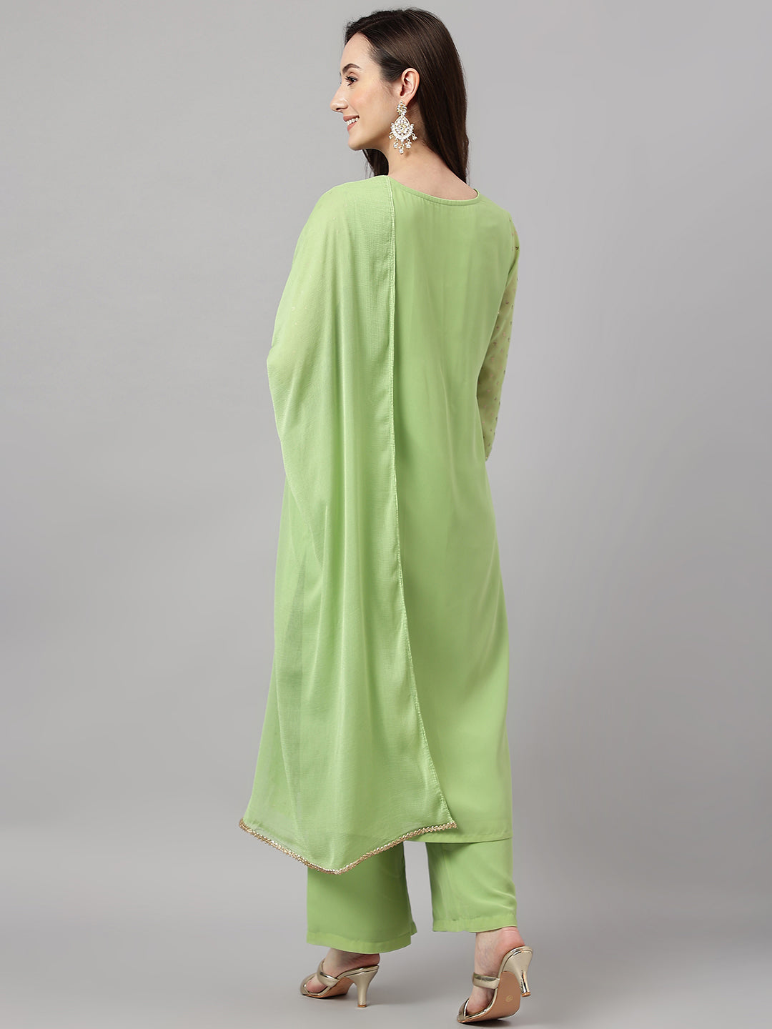 Janasya Women's Green Georgette Foil Printed Straight Festive Kurta Set - Distacart