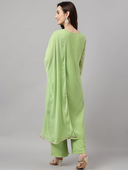 Janasya Women's Green Georgette Foil Printed Straight Festive Kurta Set - Distacart