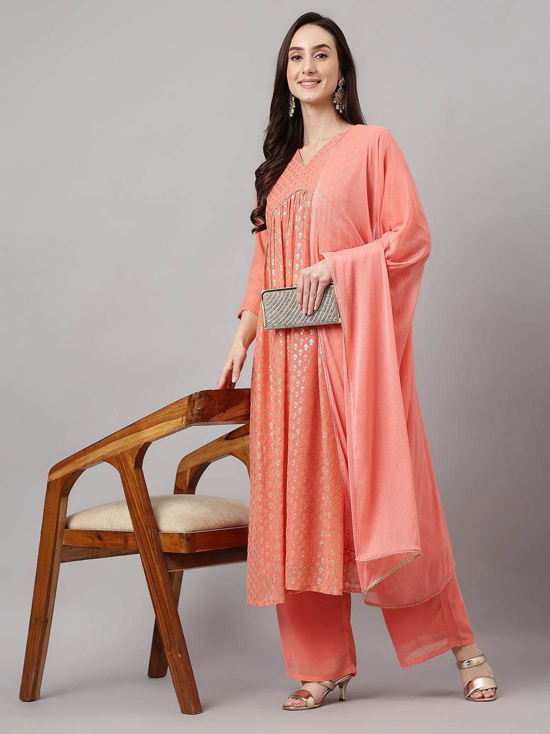 Janasya Women's Peach Georgette Foil Printed Gathered Festive Kurta Set - Distacart