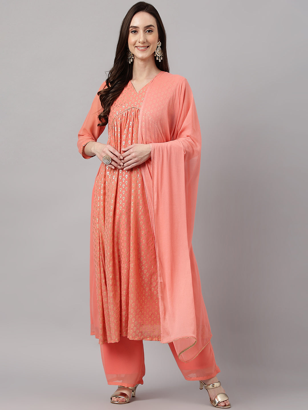 Janasya Women's Peach Georgette Foil Printed Gathered Festive Kurta Set - Distacart