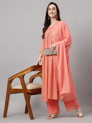 Janasya Women's Peach Georgette Foil Printed Gathered Festive Kurta Set - Distacart