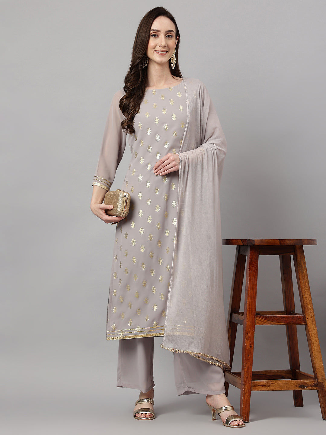 Janasya Women's Grey Georgette Foil Printed Straight Festive Kurta Set - Distacart