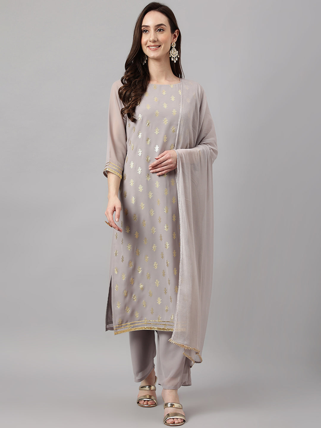 Janasya Women's Grey Georgette Foil Printed Straight Festive Kurta Set - Distacart