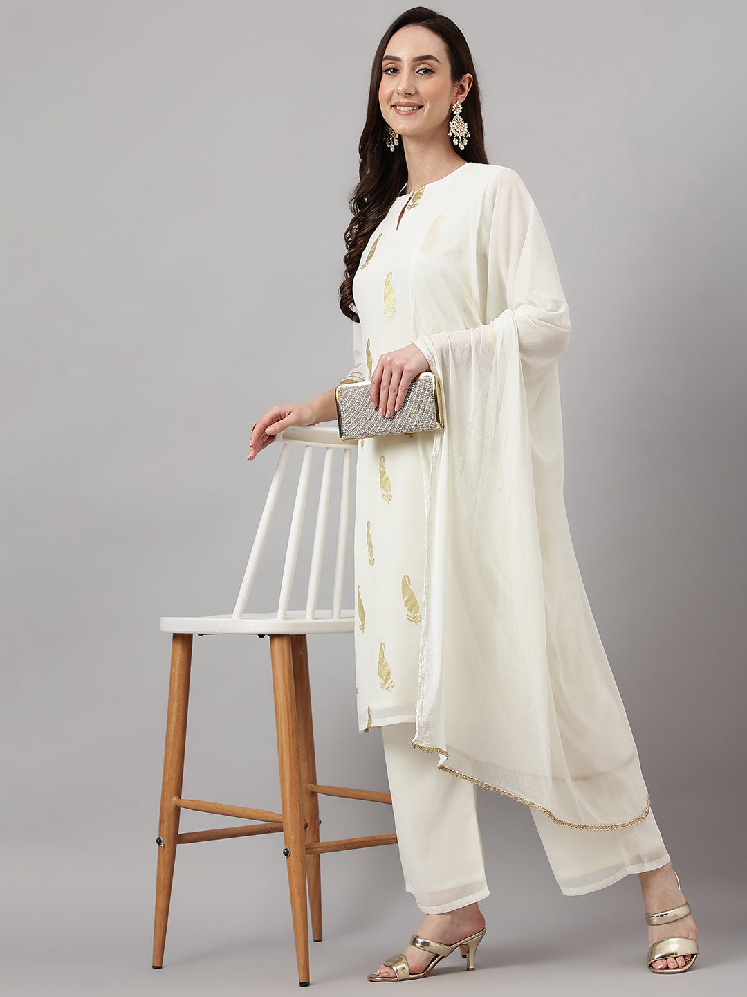 Janasya Women's Off White Georgette Foil Printed Straight Festive Kurta Set - Distacart