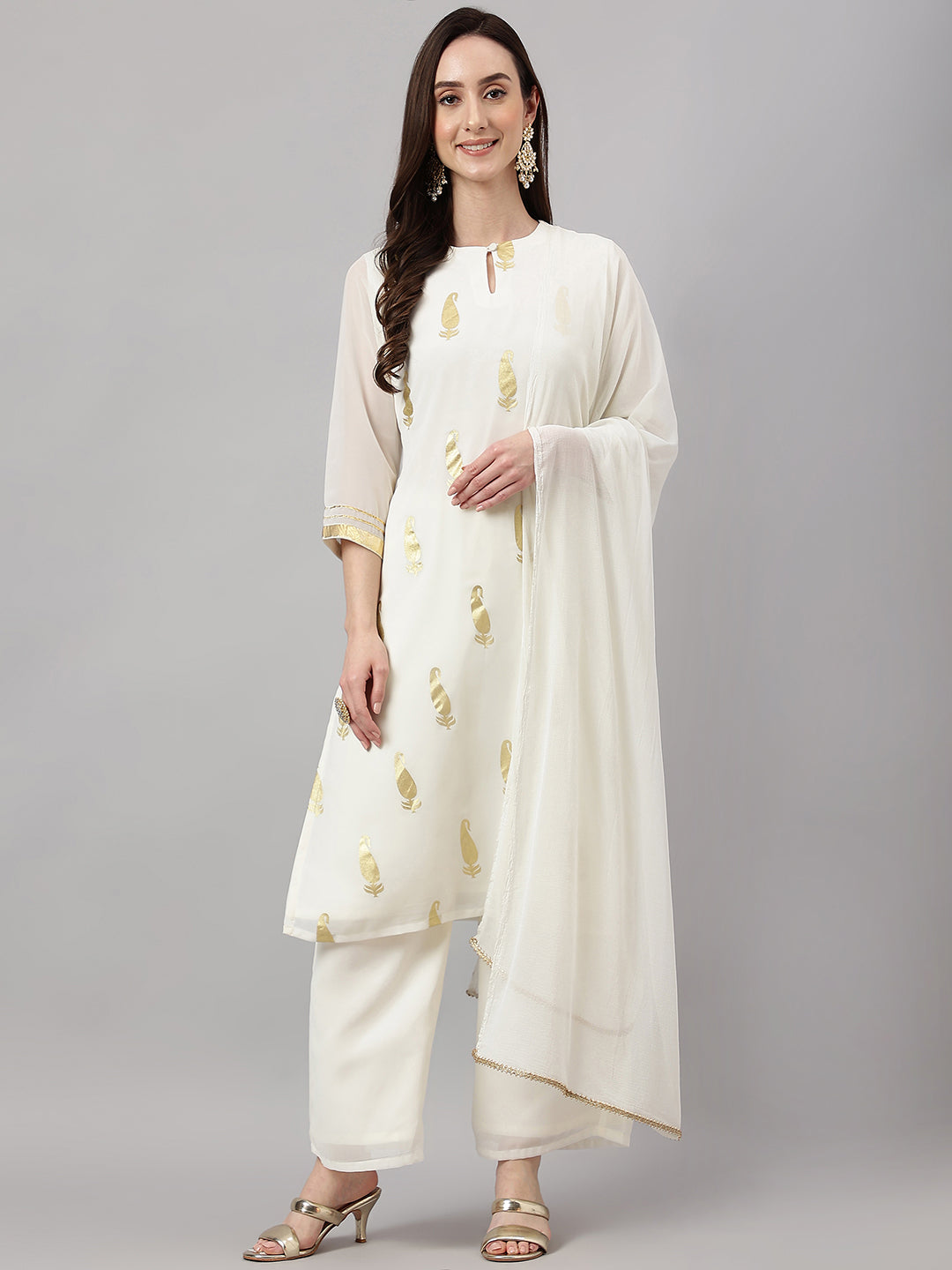 Janasya Women's Off White Georgette Foil Printed Straight Festive Kurta Set - Distacart
