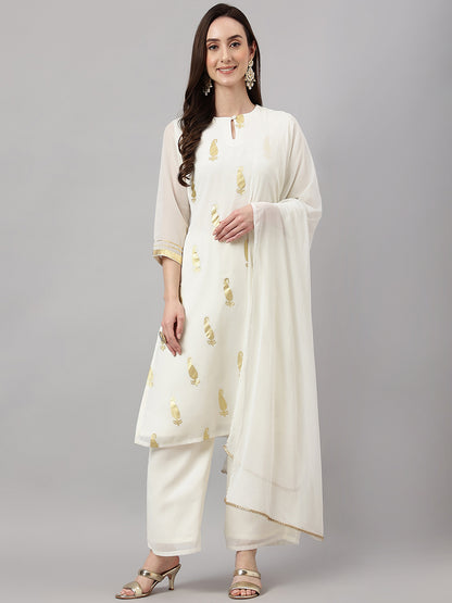 Janasya Women's Off White Georgette Foil Printed Straight Festive Kurta Set - Distacart